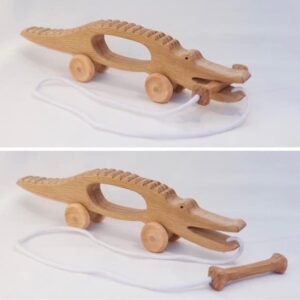 Håndlaget treleke – spillekrokodille i eik – Den Lekende Skomager